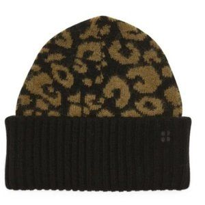 Sweaty Betty Wool Alpaca Blend Black Green Leopard Knit Jacquard Beanie  NWT